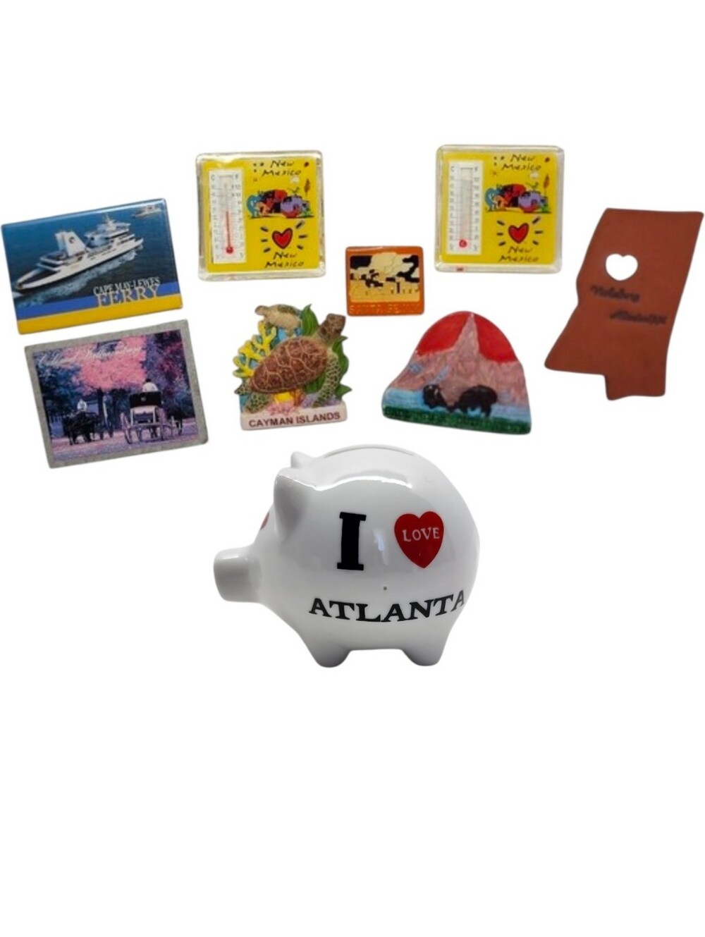 9pc travel souvenir magnets & Bank - New Mexico, Cayman Islands, Atlanta, Etc